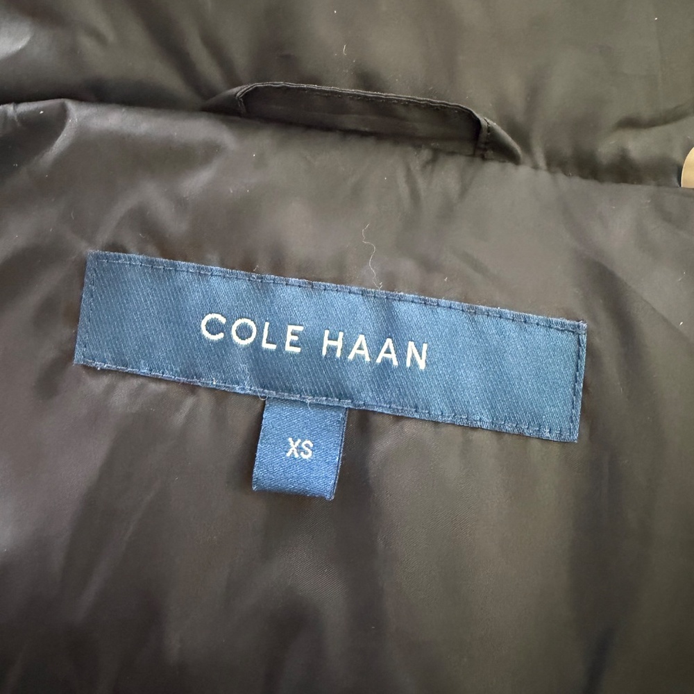 Black Cole Haan Down puffer jacket coat, gold trim zipper, buckle EUC,XS - Picture 5 of 5